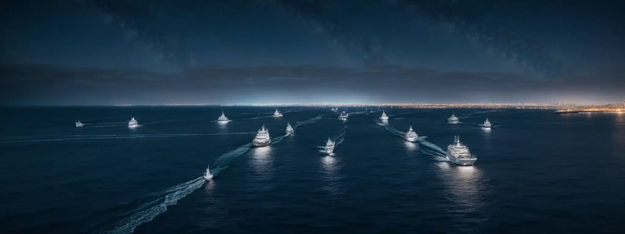 A Vast Ocean With Various Ships, Some In The Distance And Others Close By, Navigating The Intricate Waters Under A Starry Sky.