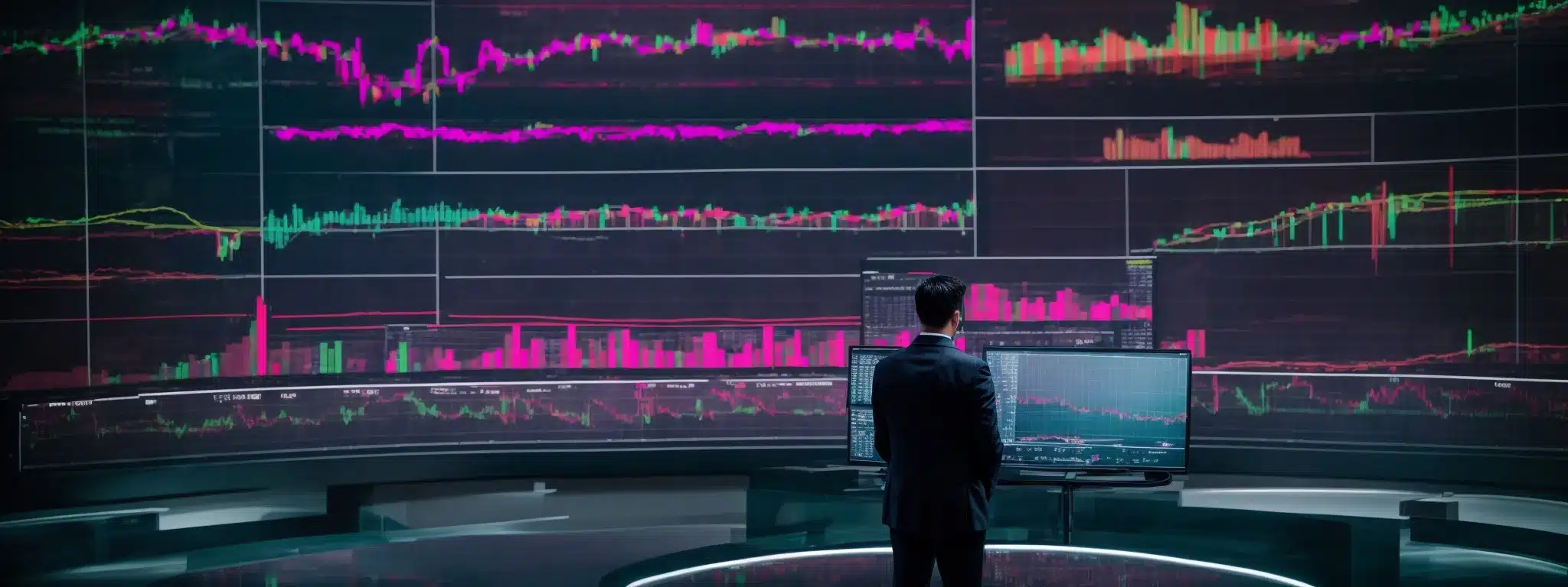 A Strategist Stands Before A Vast Digital Screen Displaying Colorful Charts And Graphs That Track Market Performance.