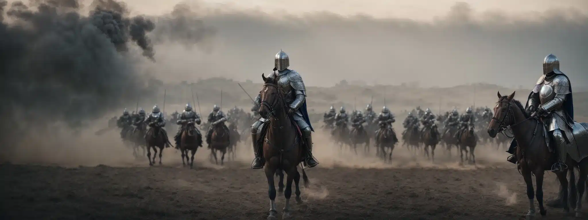 A Knight In Gleaming Armor Stands At The Forefront Of A Battlefield, Poised And Ready Amidst The Blur Of Rival Forces.
