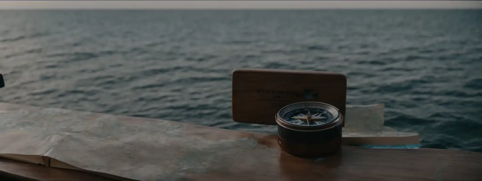 A Compass And Map On A Table Beside The Wheel Of A Ship, With The Vast Sea In The Background.