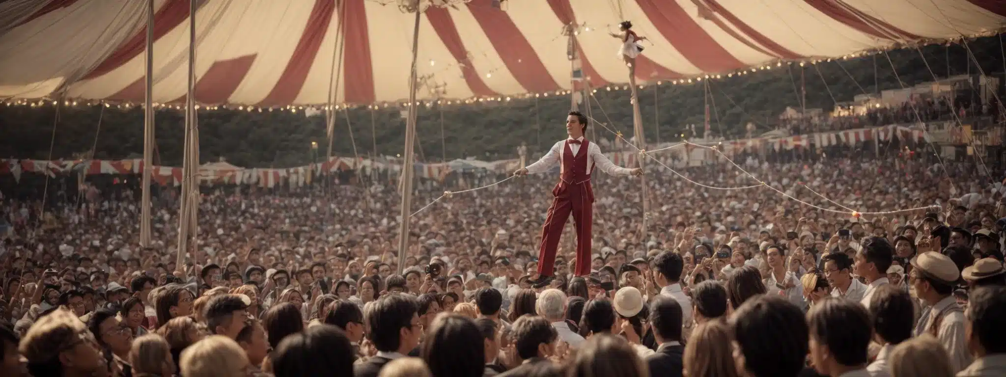 A Tightrope Walker Performs Skillfully Above An Enthralled Crowd Under The Big Top, Symbolizing The Marketer'S Balance Of Consumer Perceptions To Enhance Brand Value.