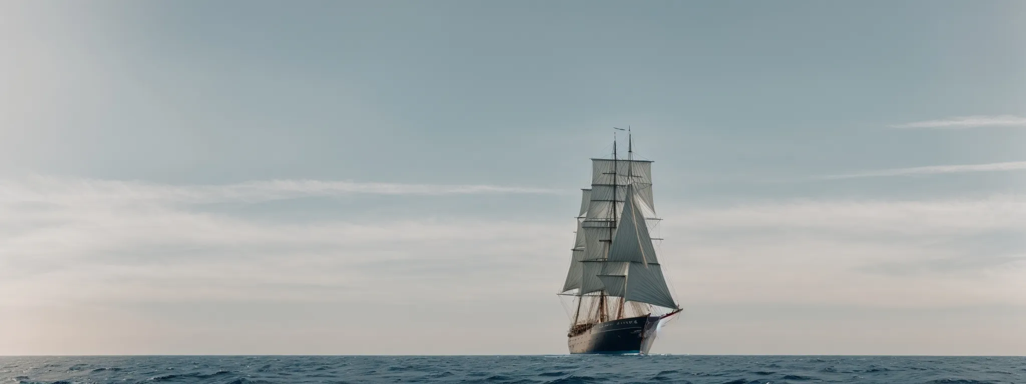 A Ship With A Distinctive Sail Navigates Through A Vast, Open Sea Towards The Horizon.