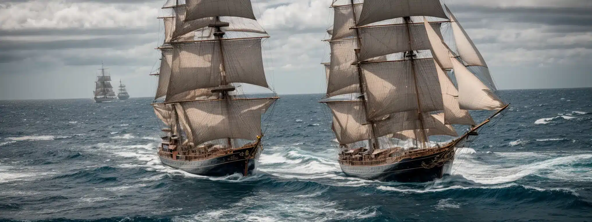 A Majestic Sailing Ship Cuts Through The Ocean, Its Unique, Vivid Sails Standing Out Against A Backdrop Of Competing Vessels.