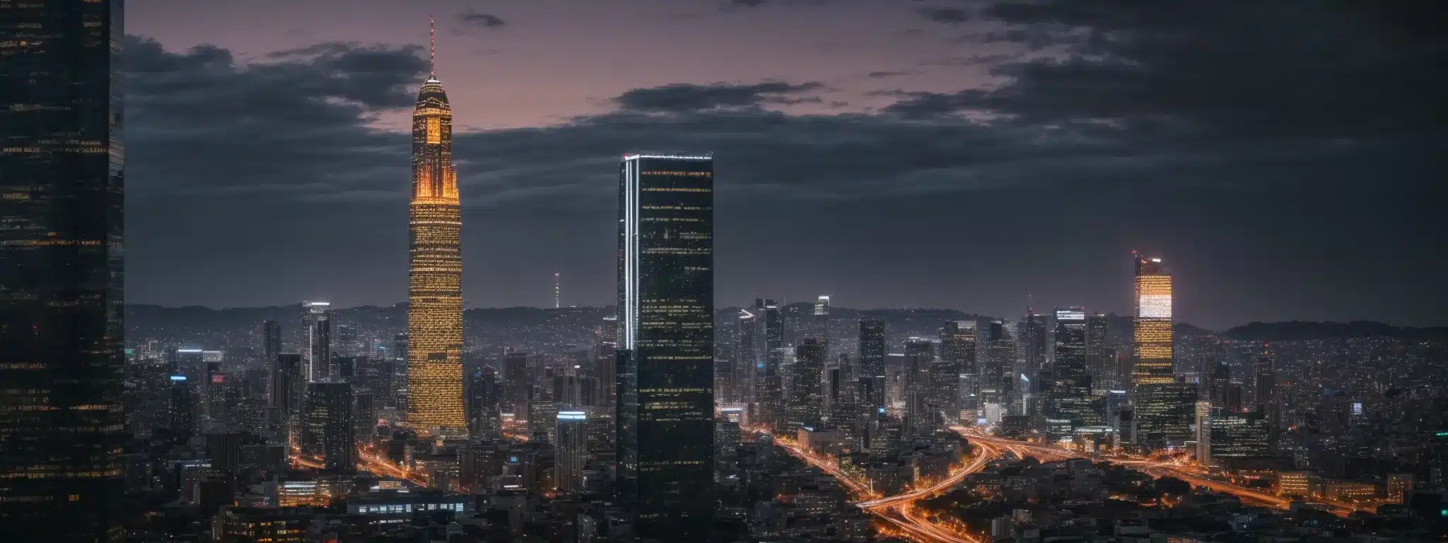 Two Corporate Giants Tower Over A Bustling Cityscape, Their Illuminated Billboards Facing Off Under The Twilight Sky.