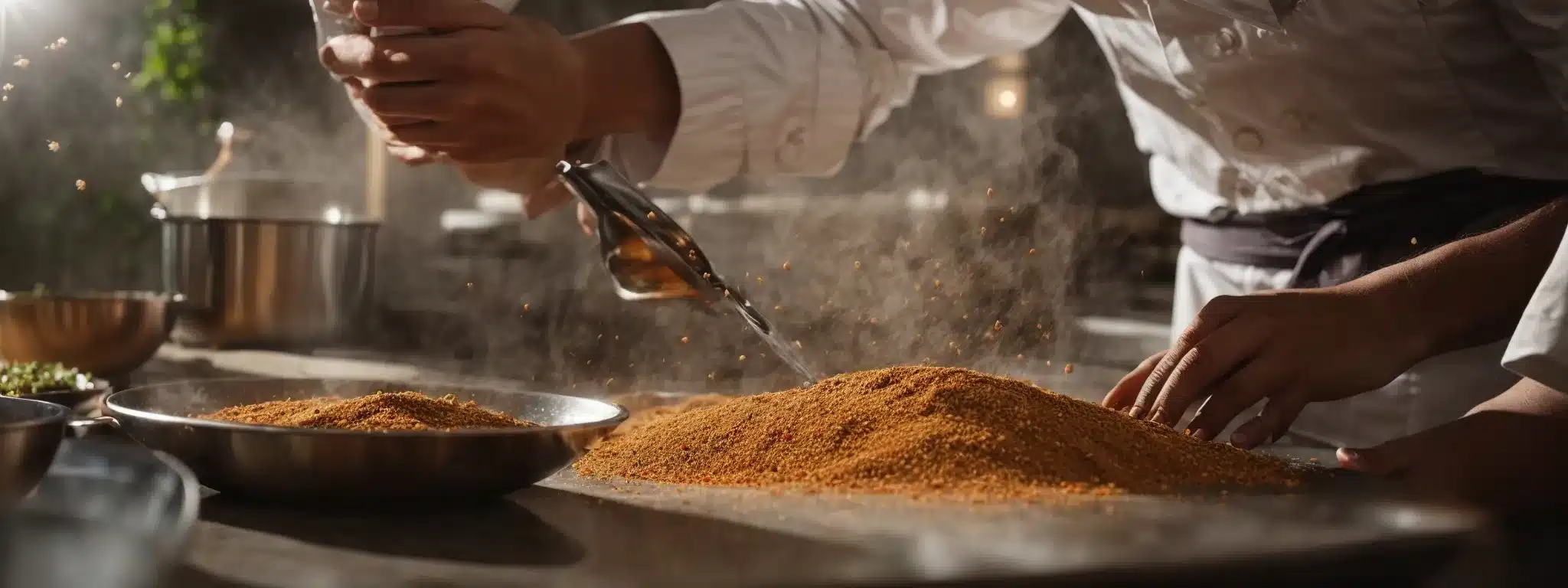 A Master Chef Thoughtfully Sprinkling Spices Over A Gourmet Dish In A Sunlit, High-End Kitchen.