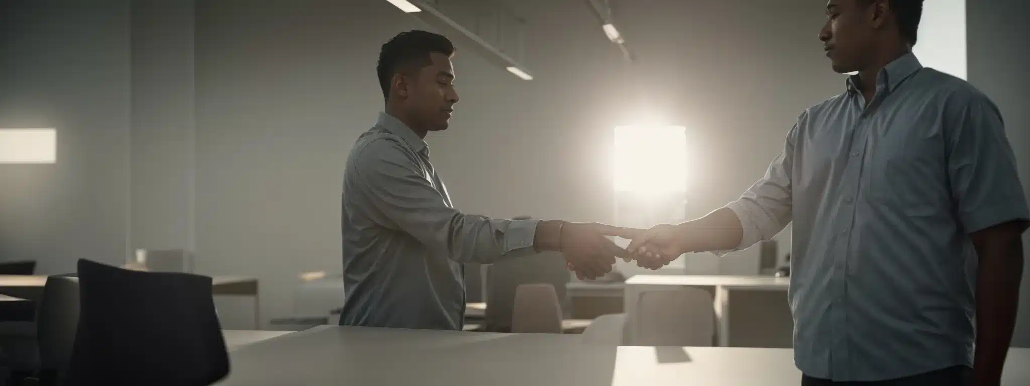 A Spotlight Shines On Two People Shaking Hands In A Minimalist, Modern Office, Symbolizing A Strategic Partnership.