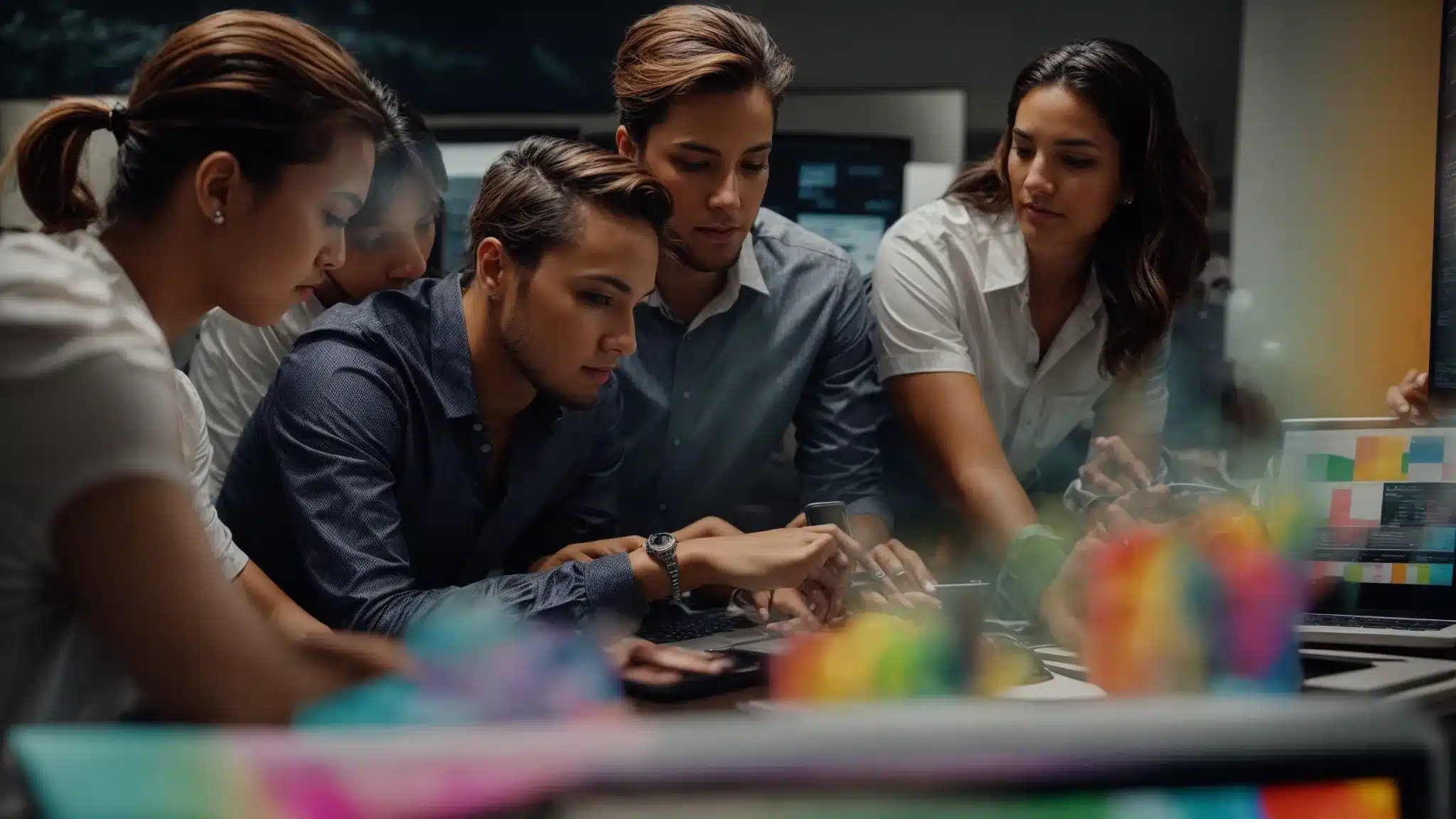 A Marketing Team Huddled Around A Computer Screen, Discussing A Colorful Analytics Dashboard.