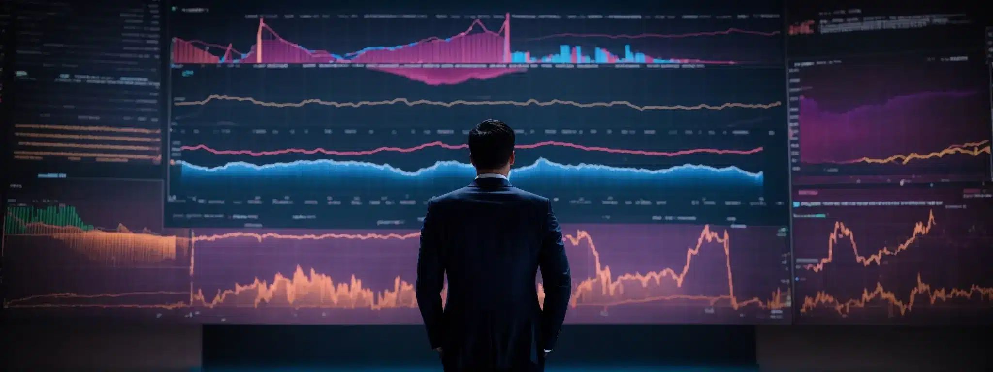 A Marketer Stands Before A Large Screen Displaying Vibrant Graphs And Analytics, Symbolizing A Strategic Convergence Of Seo And Data Analysis.
