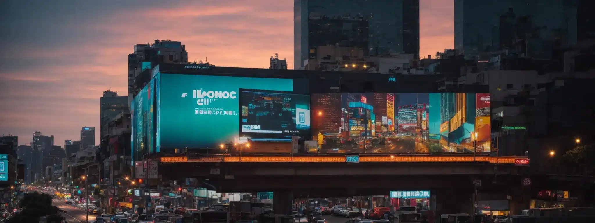 A Vibrant Billboard Set Against A Bustling City Backdrop At Dusk, Highlighting A Unique And Eye-Catching Logo Emblematic Of A Prominent Brand.