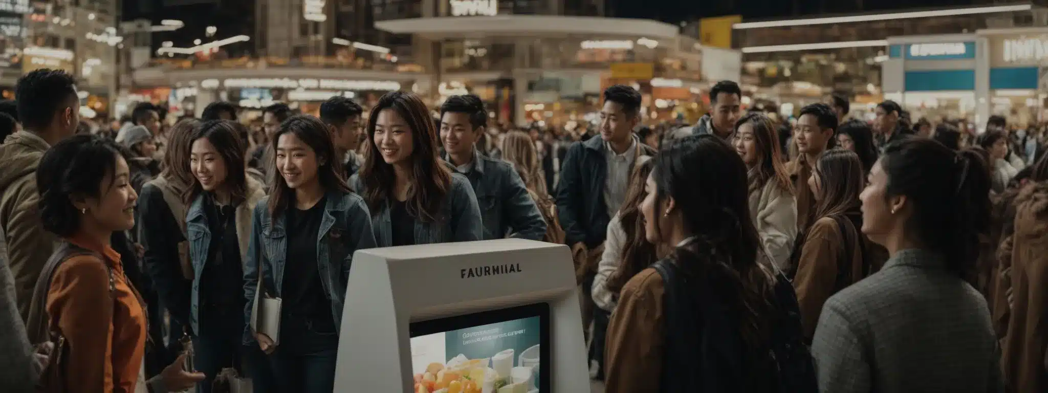 A Crowd Of Shoppers Excitedly Interacts With A Dynamic Digital Kiosk Offering Fun Challenges And Rewards.