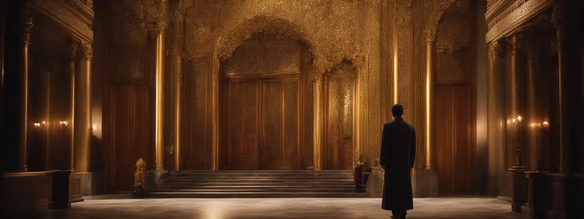 A Noble Figure Stands Before A Grand Door, A Golden Key In Hand, Poised To Unlock The Potential Of A Vast And Labyrinthine Palace Representing Customer Satisfaction.