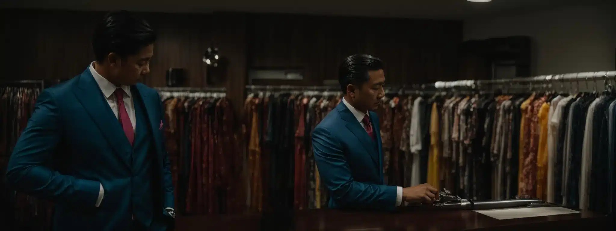 A Tailor Measuring A Vibrant, Standout Suit In An Upscale Fashion Boutique.