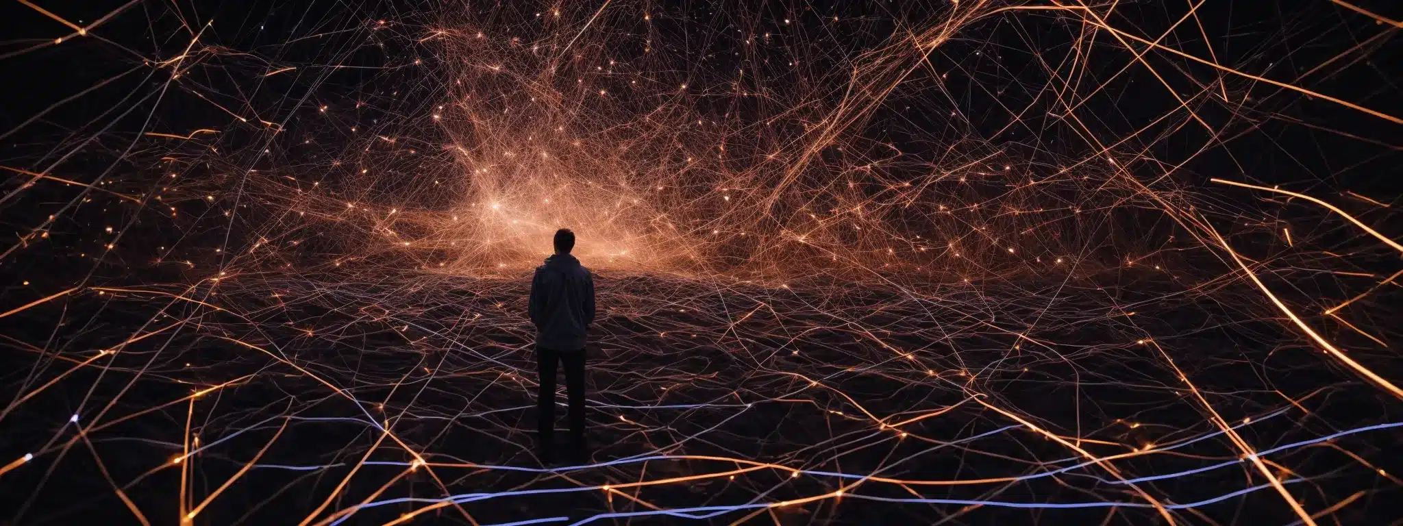 A Person Stands Amidst A Network Of Intertwined Glowing Lines Symbolizing The Interconnected Digital Marketing Channels.