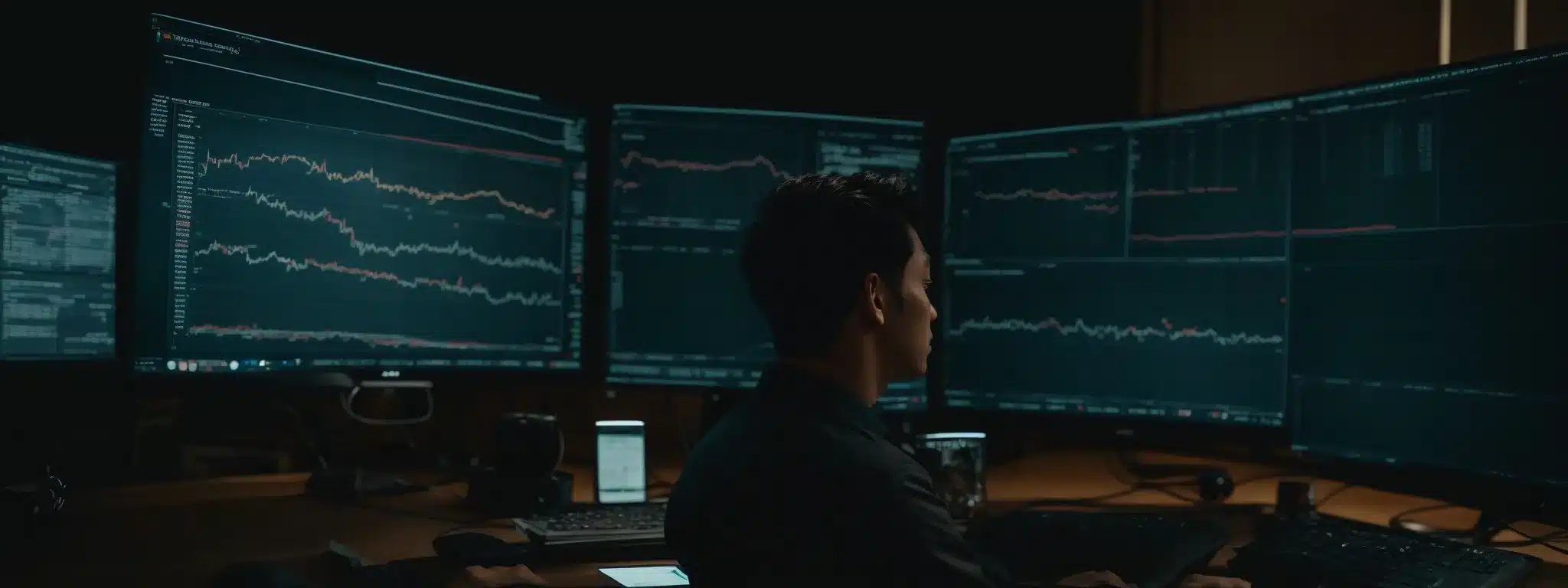 A Digital Marketer Is Intently Analyzing A Dashboard Of Metrics On A Large Computer Screen, Plotting The Next Strategic Move.