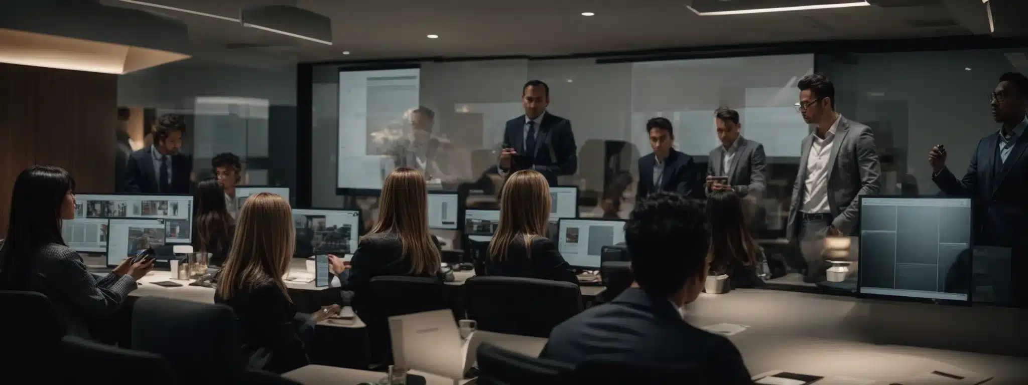 A Team Of Professionals Engages In A Strategy Session, With A Digital Marketing Campaign Being Projected On The Screen In A Modern Office.
