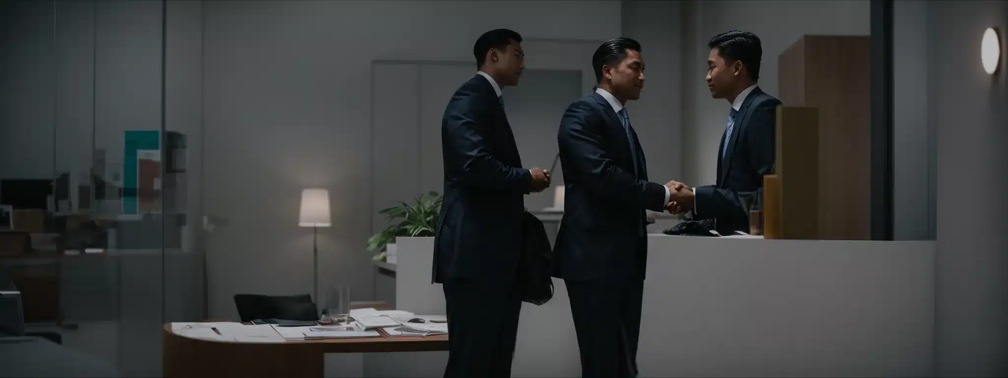Two Businesspeople Shaking Hands, Symbolizing A Unique Partnership Against A Backdrop Of Bustling Office Activity.