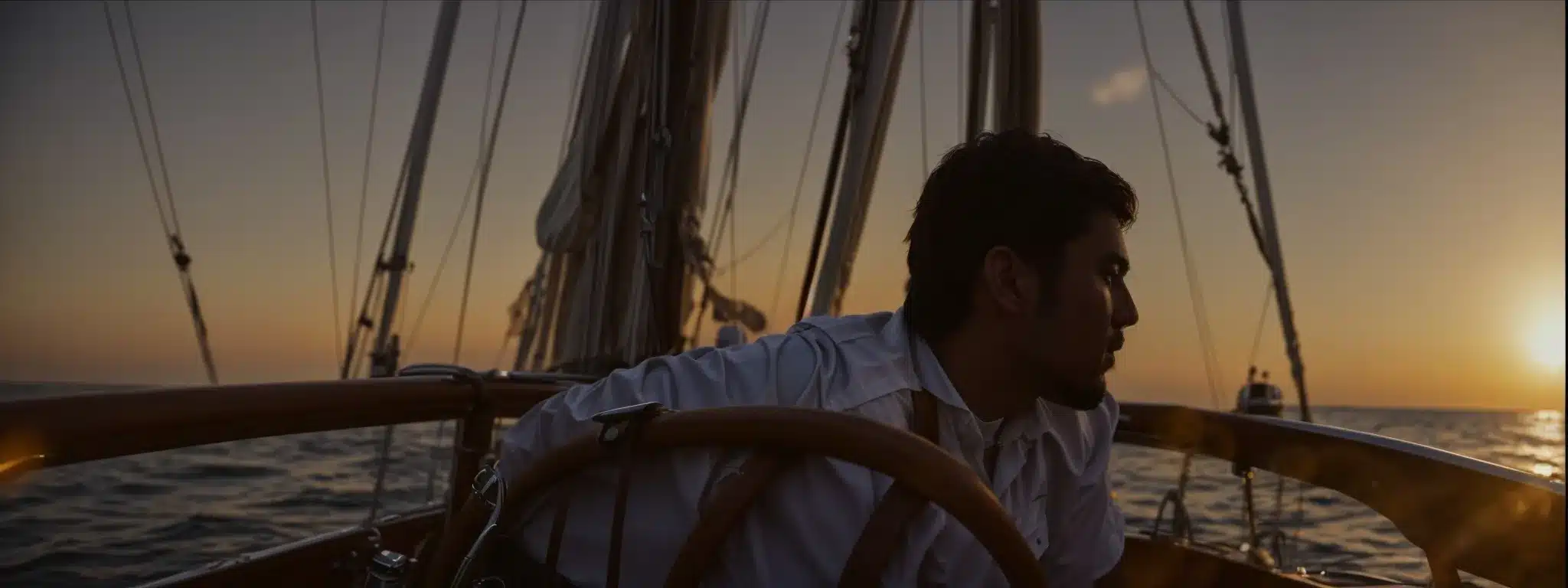A Captain Stands At The Helm Of A Majestic Sailboat, Steering Towards A Horizon Aglow With The Golden Light Of Sunset.