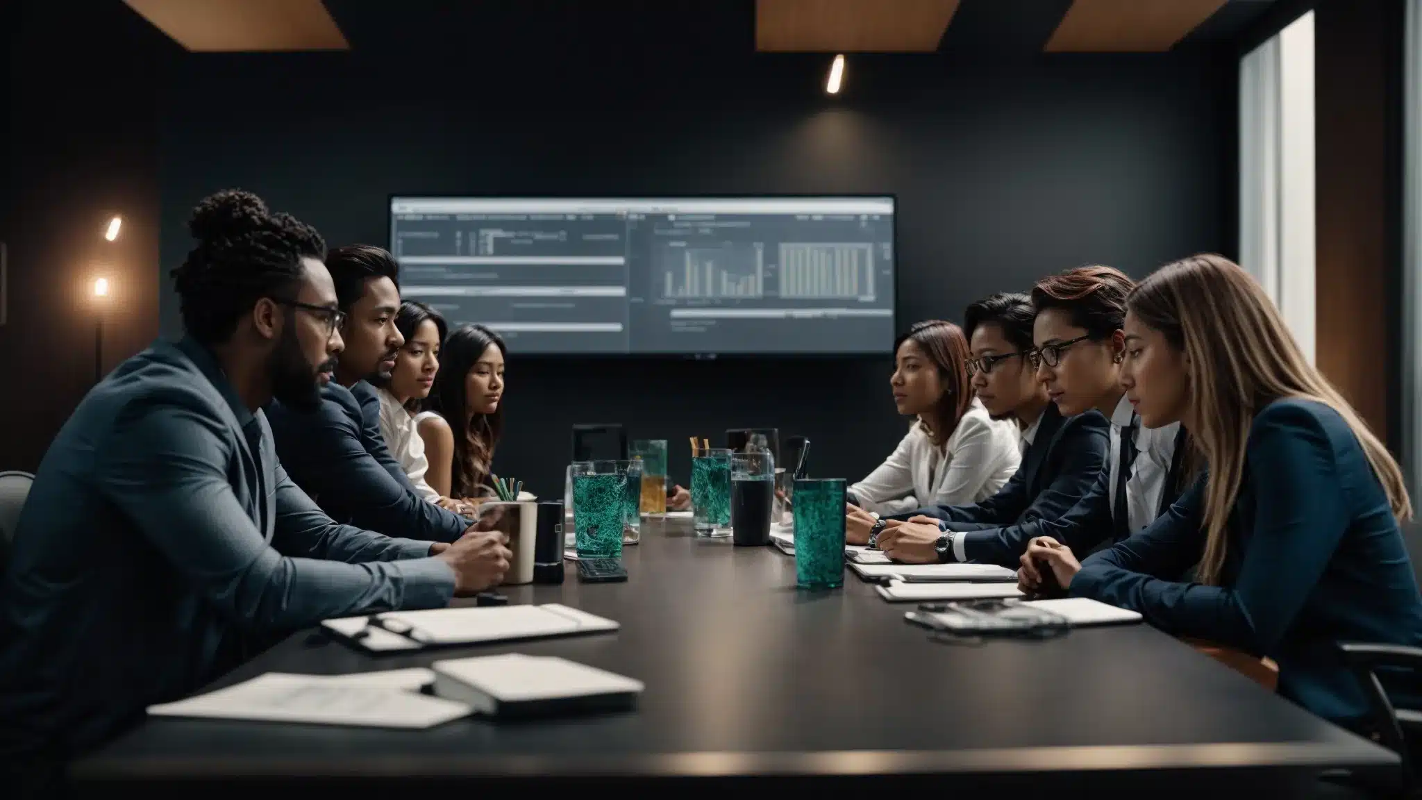 A Diverse Team Of Professionals Gathers Around A Conference Table, Analyzing Data On Multiple Screens And Discussing A Comprehensive Digital Marketing Plan.