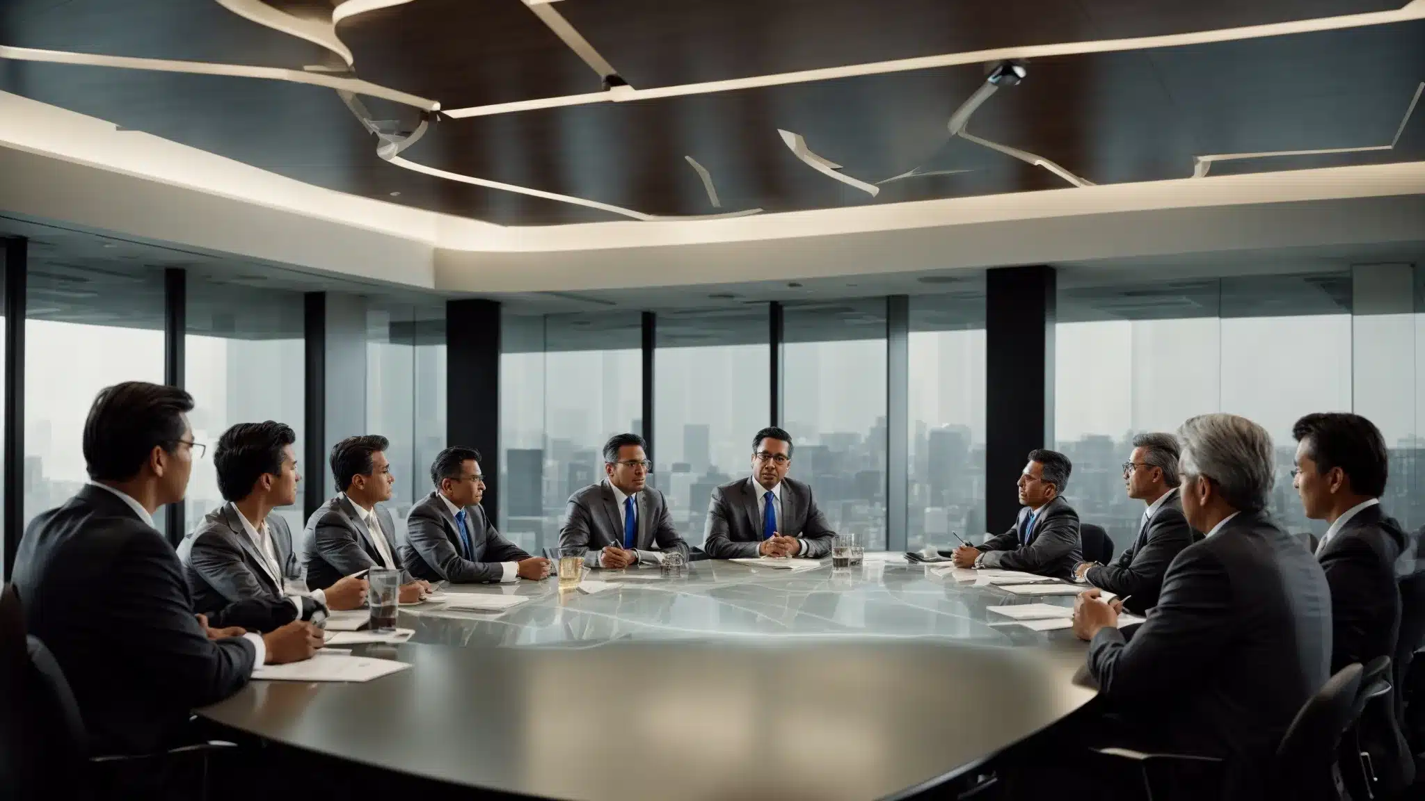 Executives Discussing Strategies Over A Large Graph On A Conference Room Table.