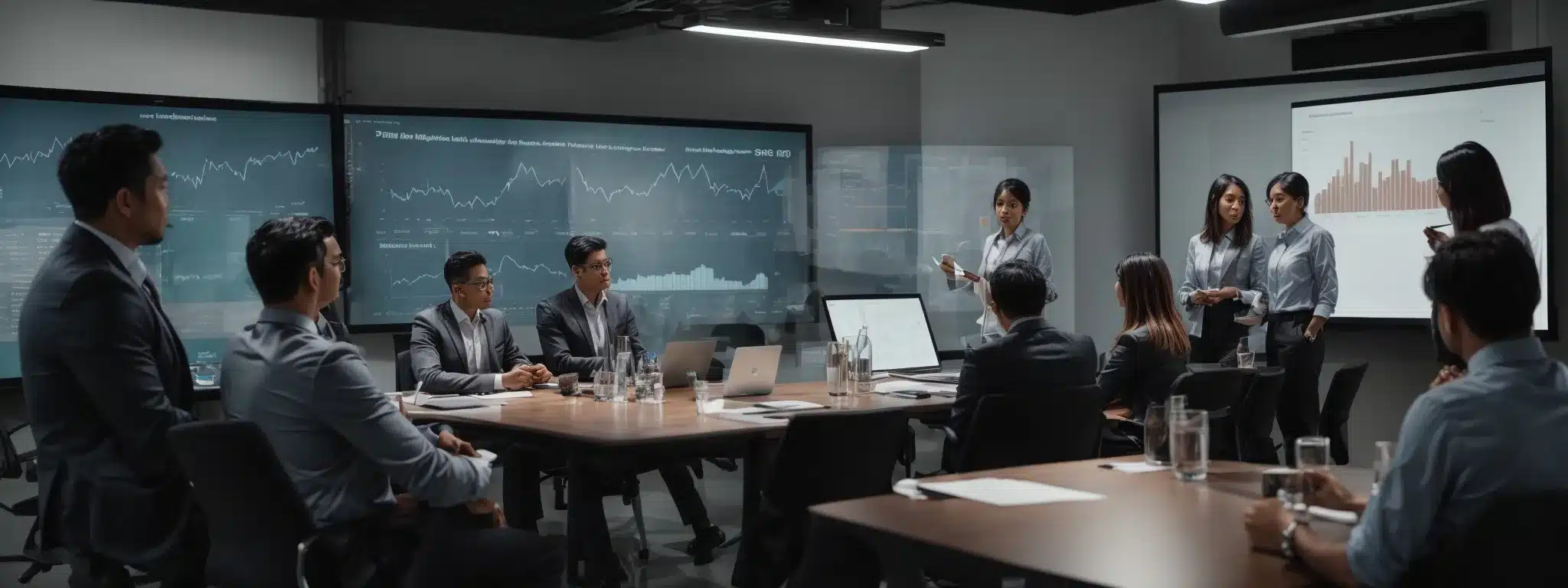 A Group Of Marketing Professionals Engaging In A Collaborative Workshop With Charts And A Projector Display Explaining The Latest Seo/Sem Trends.