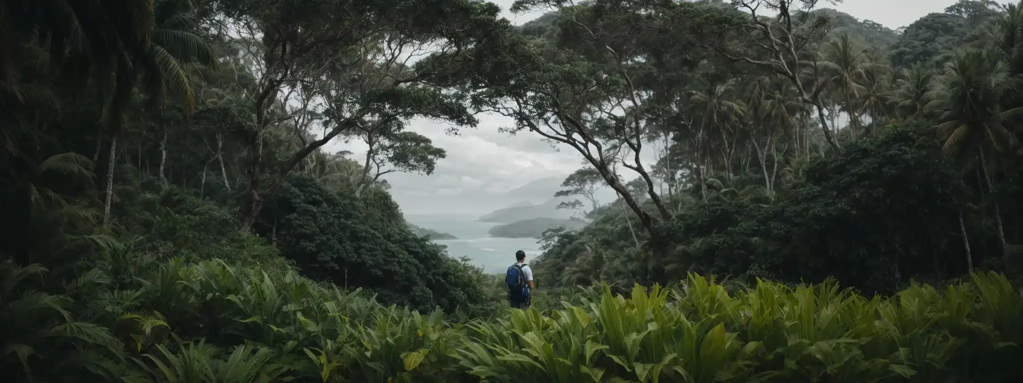 A Lone Explorer Stands At The Edge Of A Lush Tropical Jungle, Gazing At A Path Marked By Branded Flag Markers Stretching Into The Horizon.