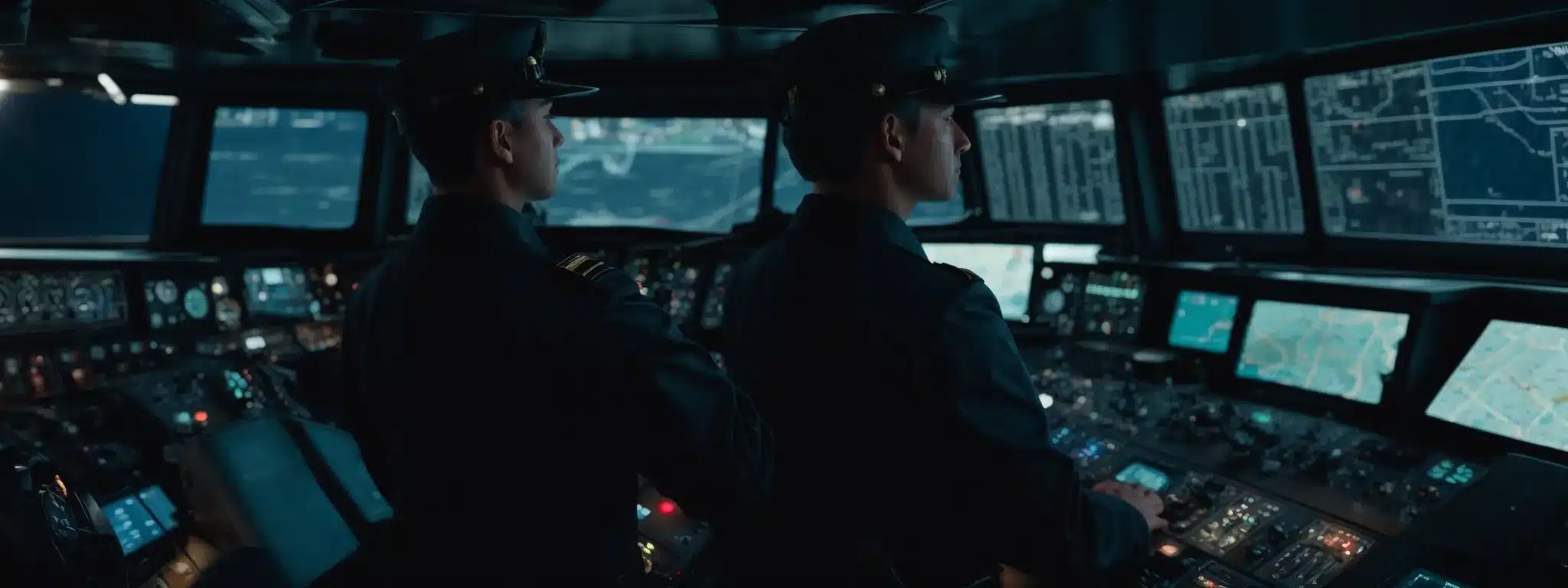 A Captain At The Helm Of A Modern Ship, Surrounded By High-Tech Navigation Screens And Controls.
