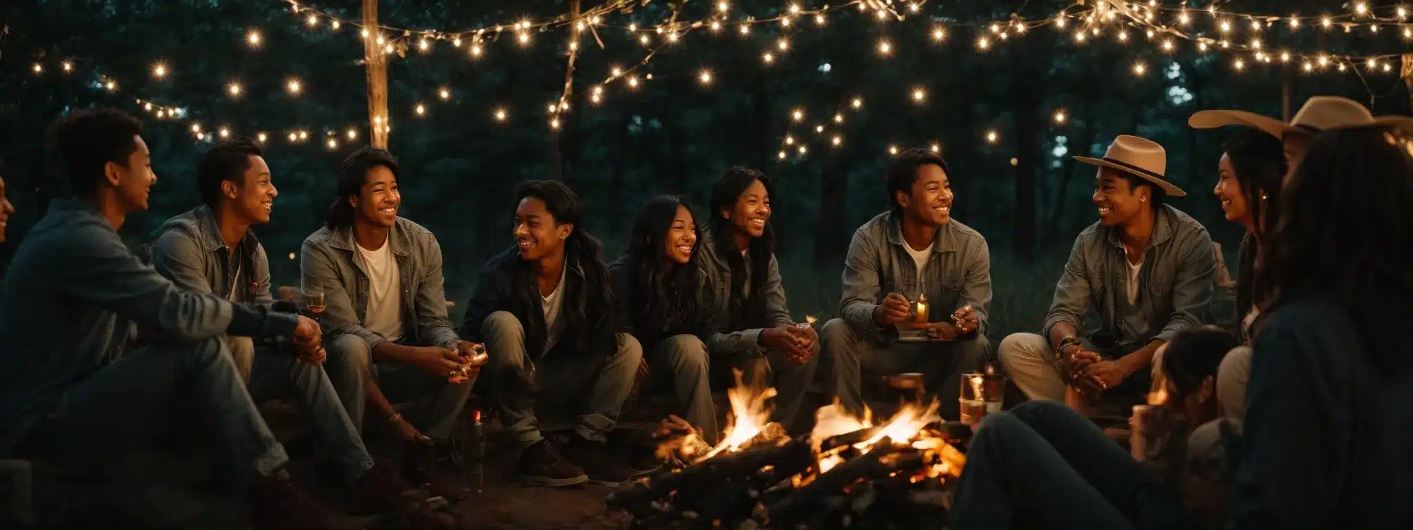 A Diverse Group Of Smiling People Gathered Around A Campfire, Engaging In Animated Conversation Under A Canopy Of Twinkling Lights.