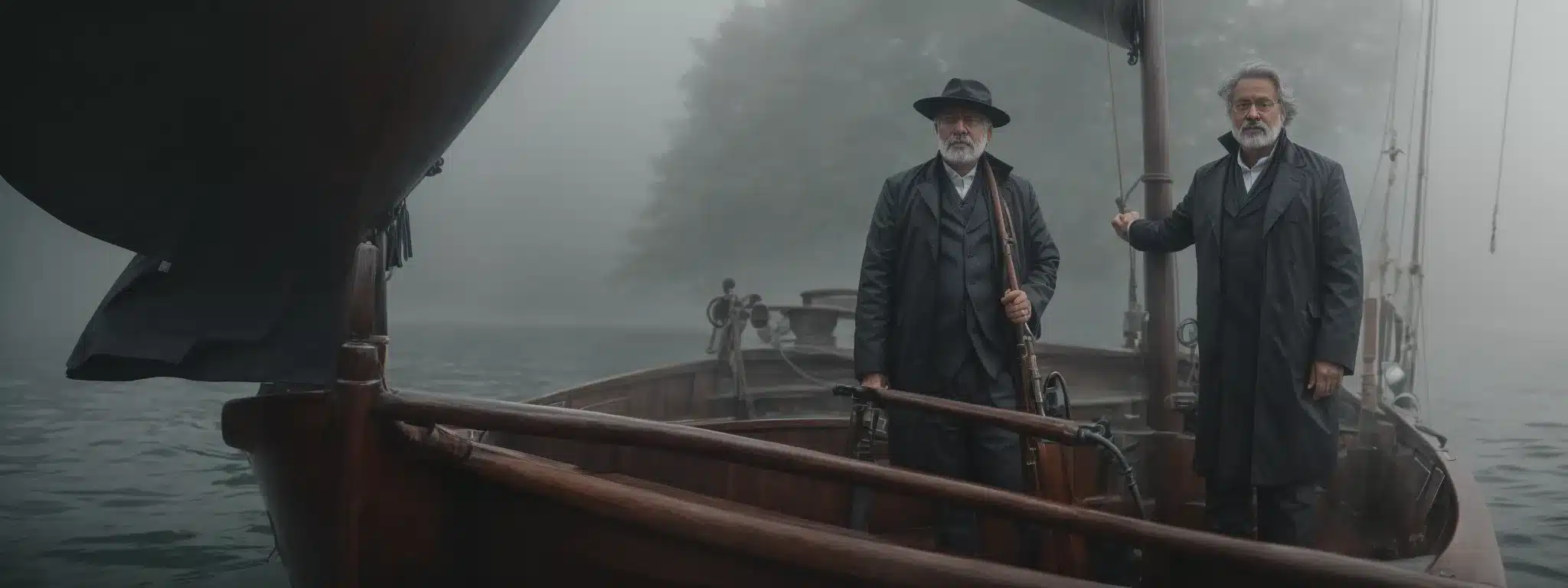 A Visionary Entrepreneur Stands At The Helm Of A Wooden Ship, Navigating Through Mist-Shrouded Waters With A Determined Gaze Towards An Unseen Horizon.