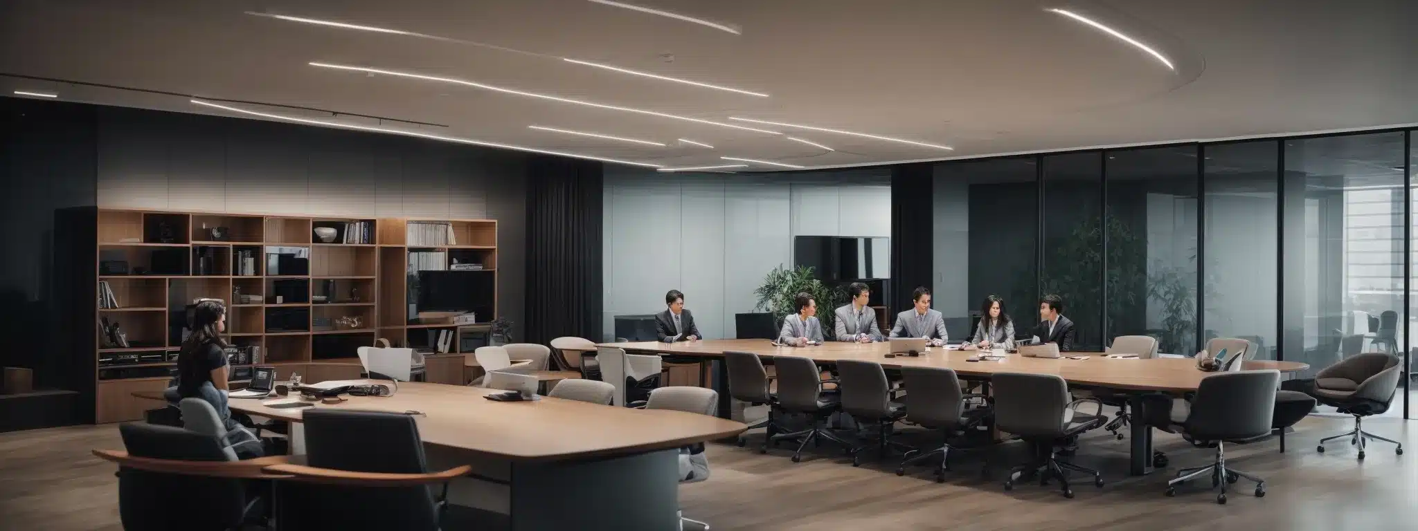 A Sleek Modern Office With Teams Engaged Around A Central Conference Table, Immersed In Collaborative Discussion.
