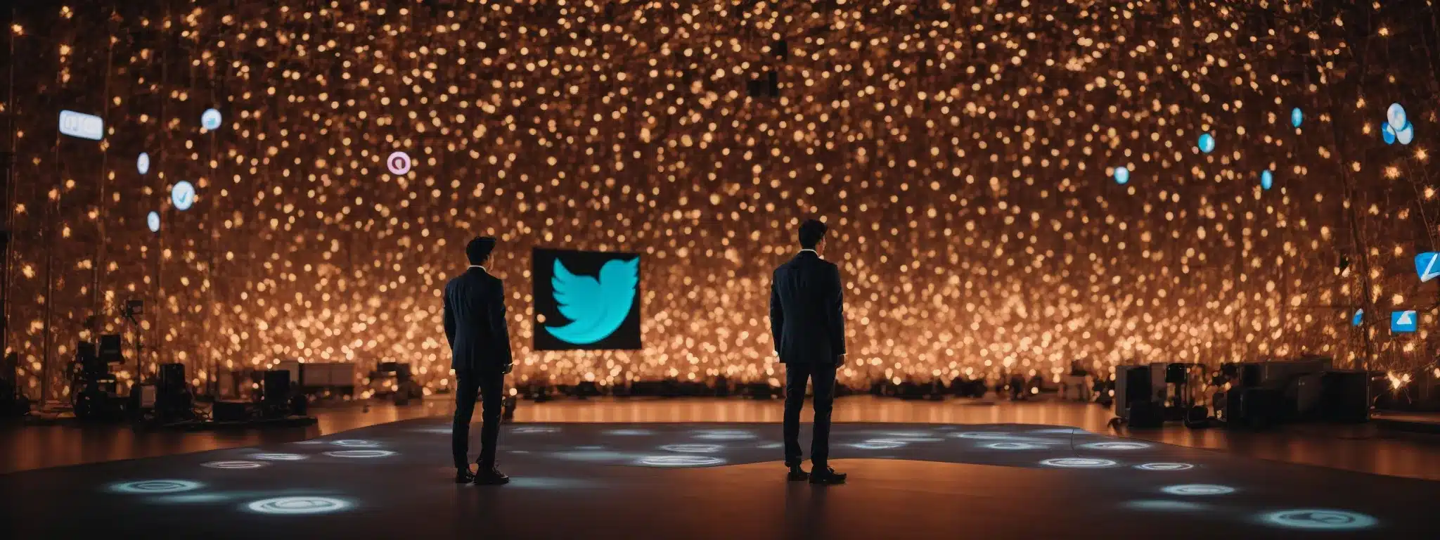 An Illuminated Stage With A Single Figure Standing At The Center, Surrounded By Floating, Glowing Icons Of Various Social Media Platforms.