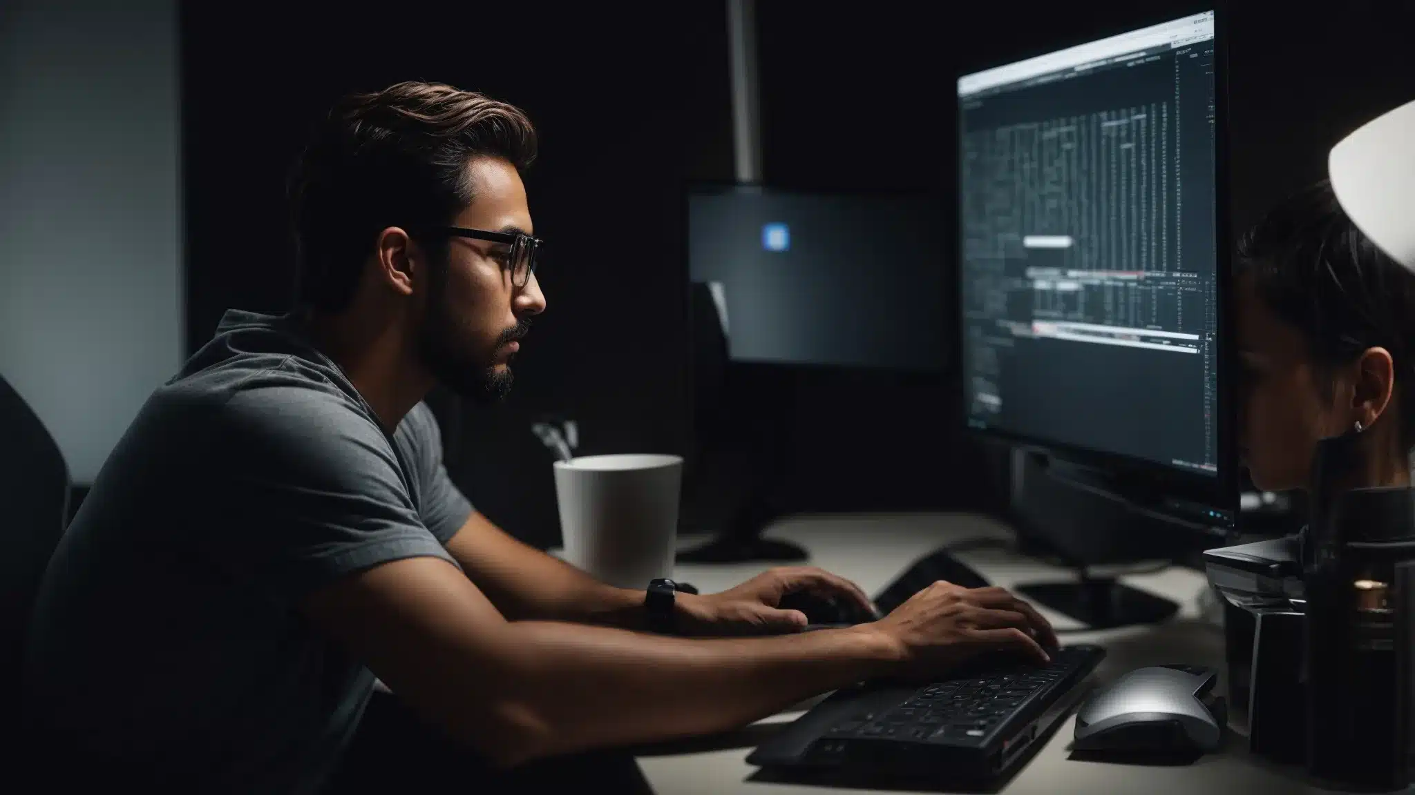 a focused developer sits at a computer, configuring a security plugin on a wordpress website.
