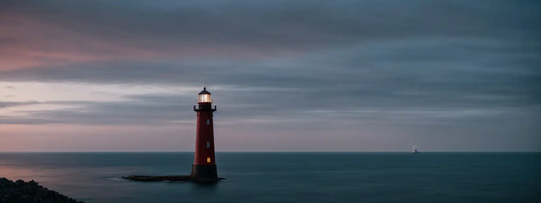 A Lighthouse Illuminates The Path For Ships Navigating Towards A Serene Harbor At Dusk.