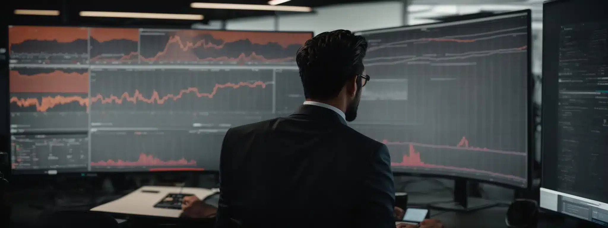 A Digital Strategist Is Intently Studying Graphs On A Large Monitor, Outlining A Social Media Campaign Plan.