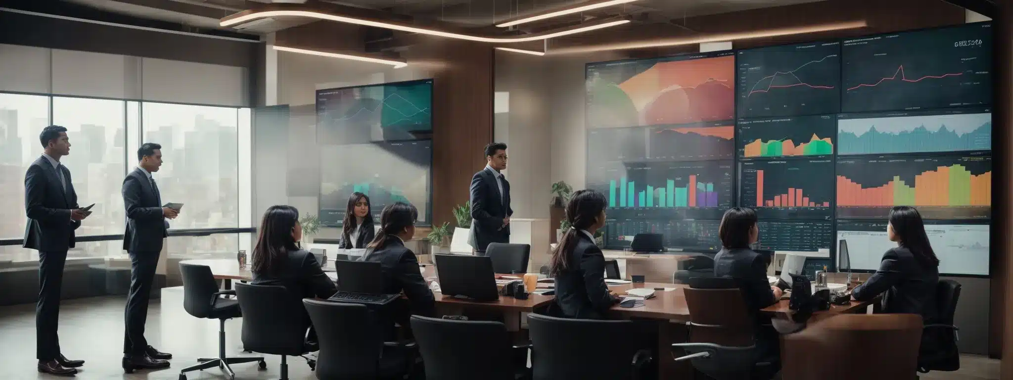 A Strategic Meeting Room With A Large Screen Displaying Colorful Graphs And Charts, With Intense Focus On Consumer Behavior And Sales Data.