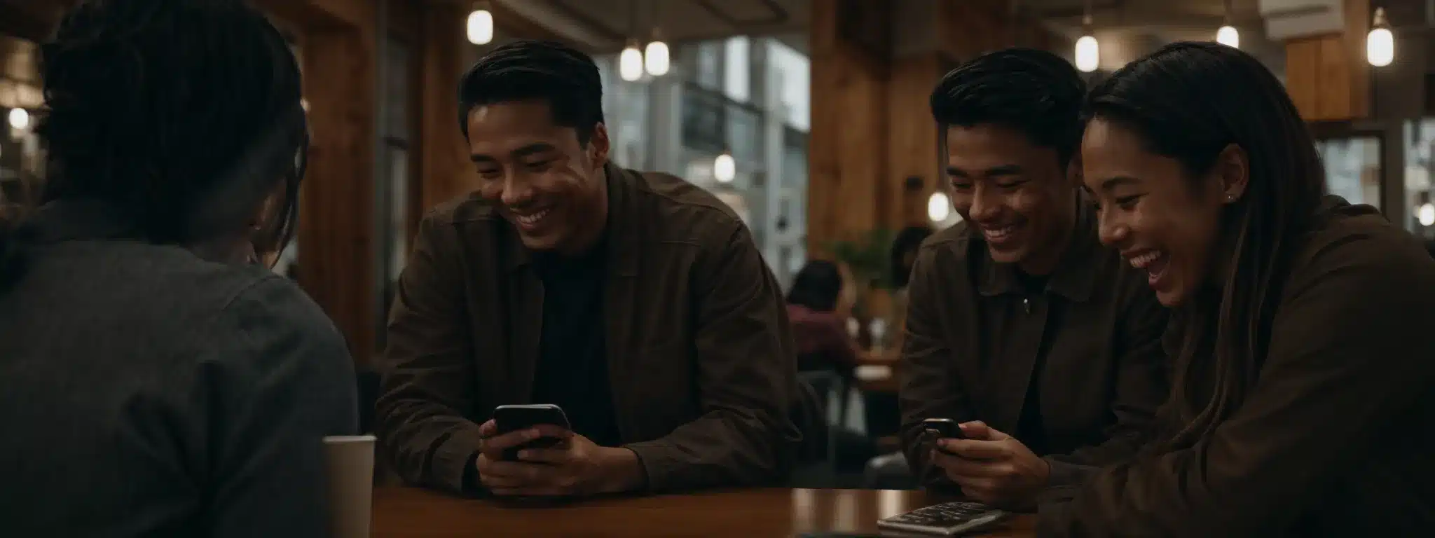Two People Laugh Together While Looking At A Smartphone Screen In A Cozy CafÉ, Symbolizing A Personal Connection Through Social Media Interaction.