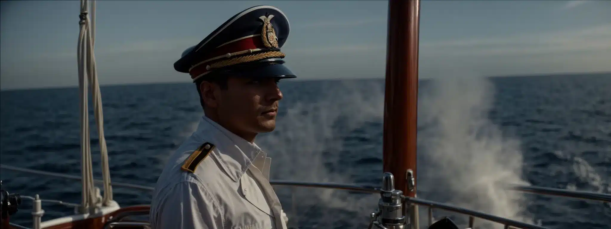 A Captain Standing At The Helm Of A Ship, Looking Out Over A Vast And Open Sea With Binoculars.