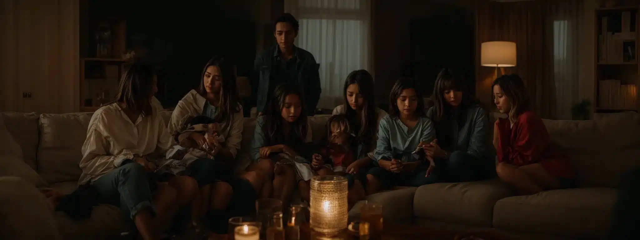A Family Gathers Around A Softly Illuminated Living Room, Sharing Stories With Visible Warmth And Connection.