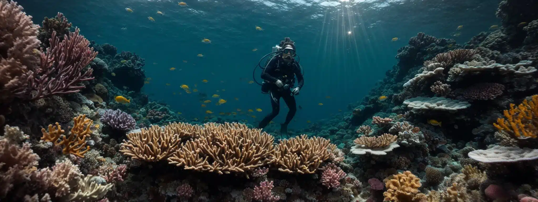 A Diver With A Flashlight Explores A Vibrant Coral Reef Teeming With Marine Life, Symbolizing The Search For Valuable Consumer Insights.