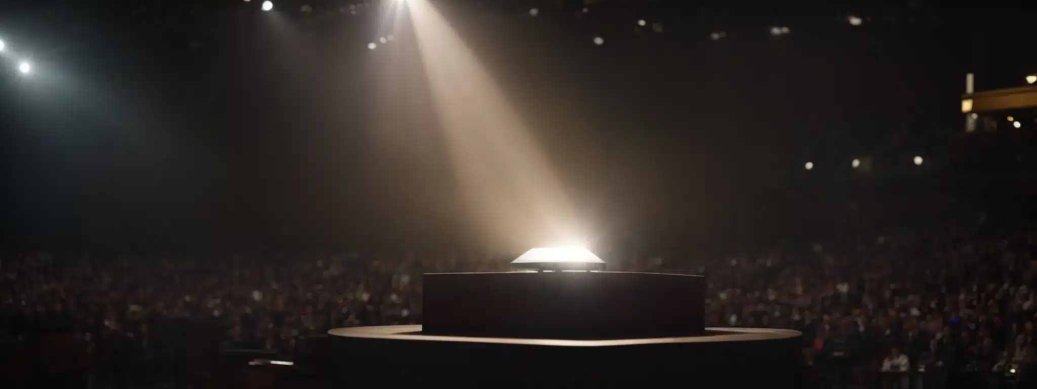 A Spotlight Illuminating A Brand Emblem On A Podium With An Audience In The Background, Symbolizing Brand Identity Success.