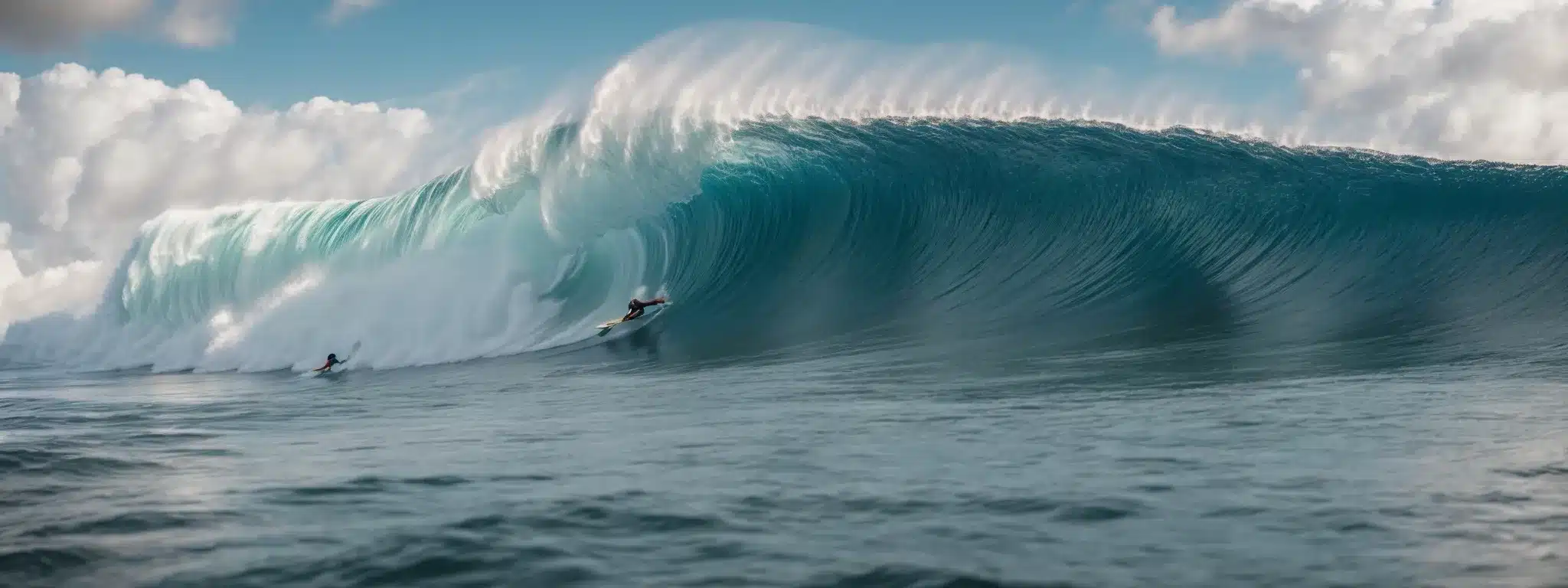 A Person Surfing A Giant Wave, Embodying Agility And Adaptation In A Dynamic Ocean Landscape.
