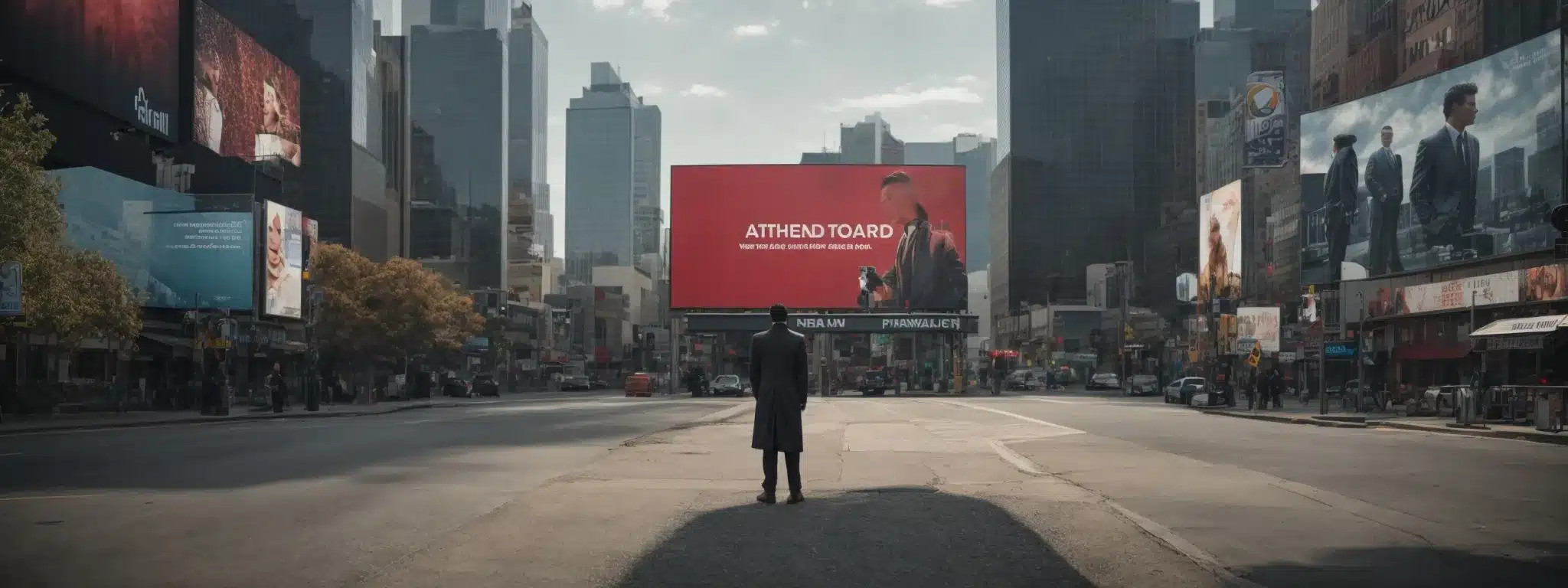 A Strategist Stands Before A Collection Of Billboards Analyzing Contrasting Advertising Campaigns.