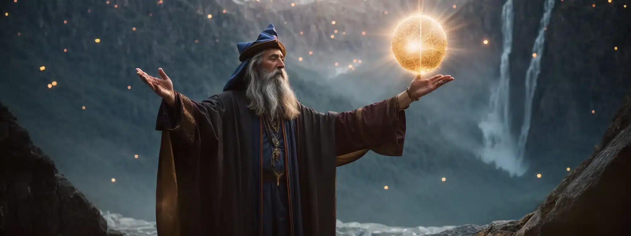 A Wizard With Outstretched Arms Conjures A Glowing Orb Symbolizing Creative Energy Over A Digital Landscape.