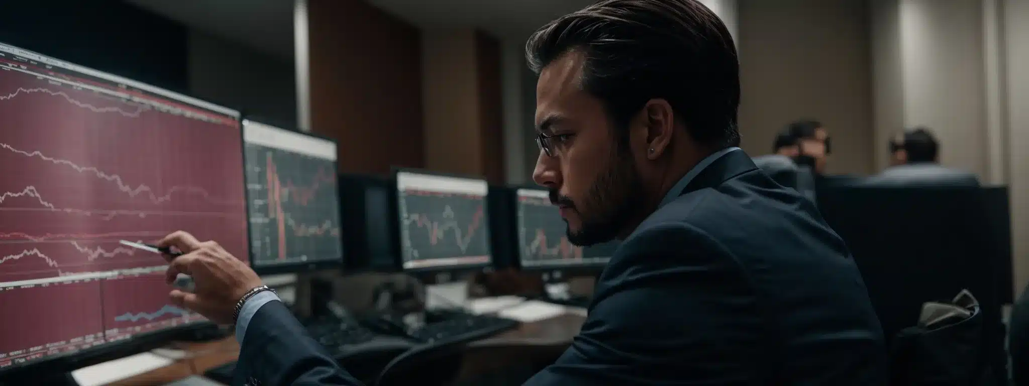 A Financial Advisor Intently Studies Graphs And Charts On A Computer Screen, Strategizing On Increasing Brand Equity.