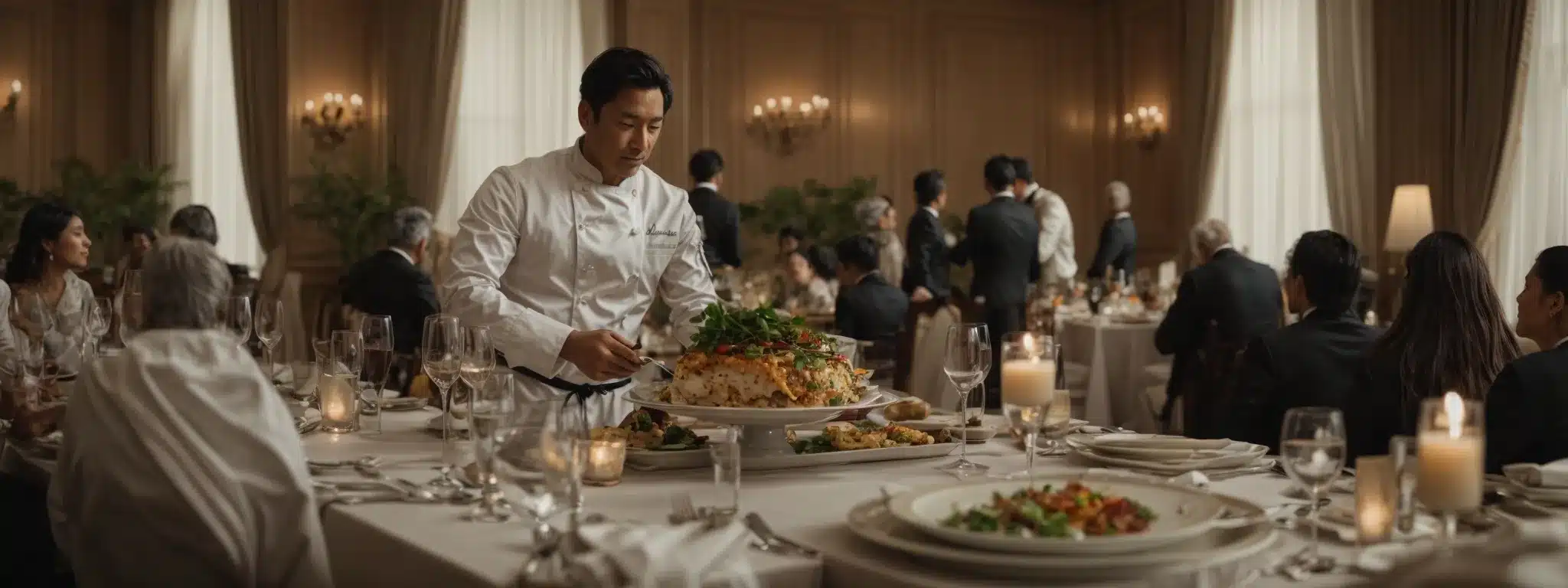 A Master Chef Presents A Sumptuous Dish To Delighted Diners In An Elegant Restaurant Setting.
