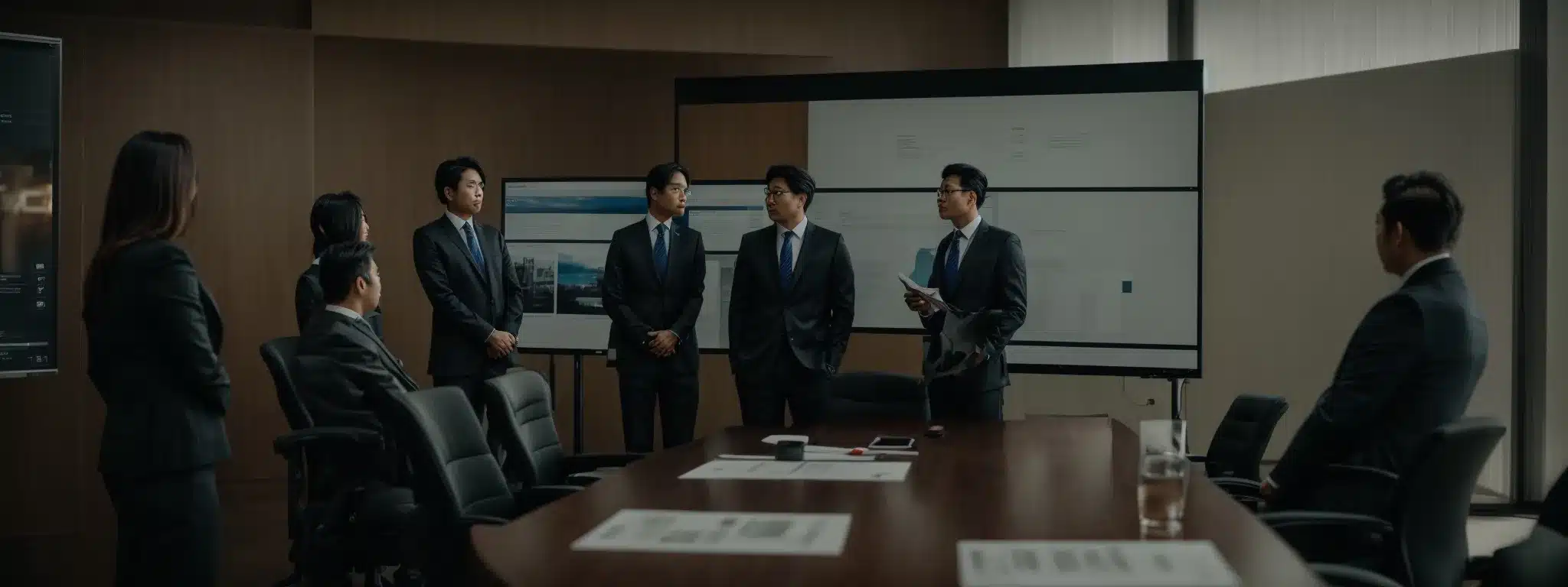A Board Room With Marketing Professionals Contemplating Over A Brand'S Visual Model Displayed On A Screen.