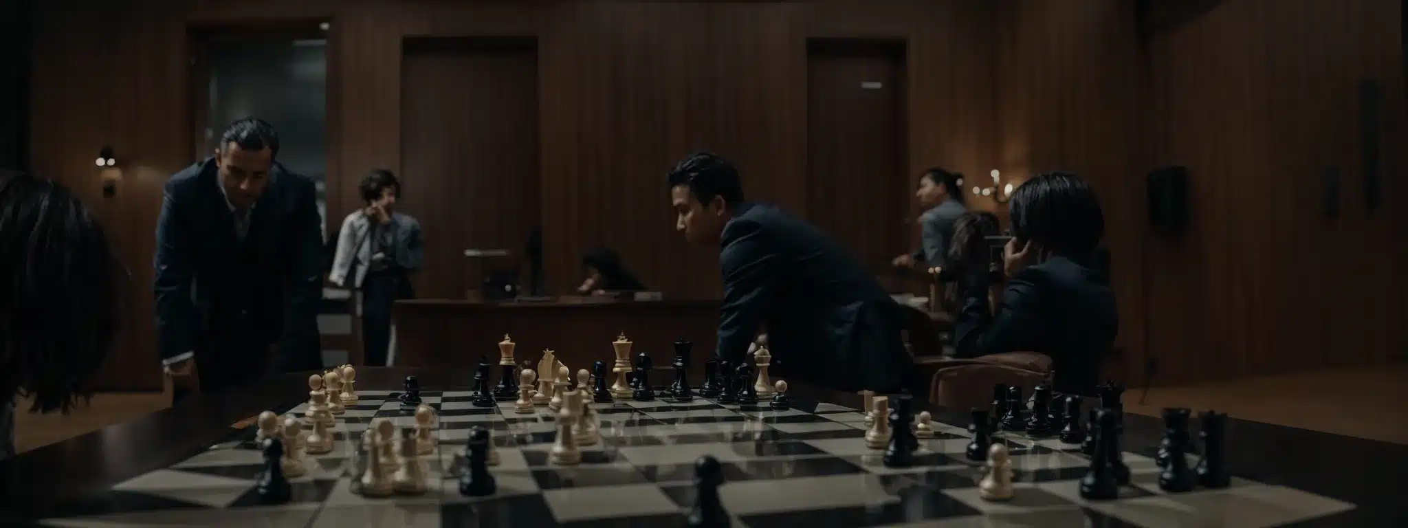 Two Business Strategists Intently Examine A Large Chess Board, Plotting Their Next Move.