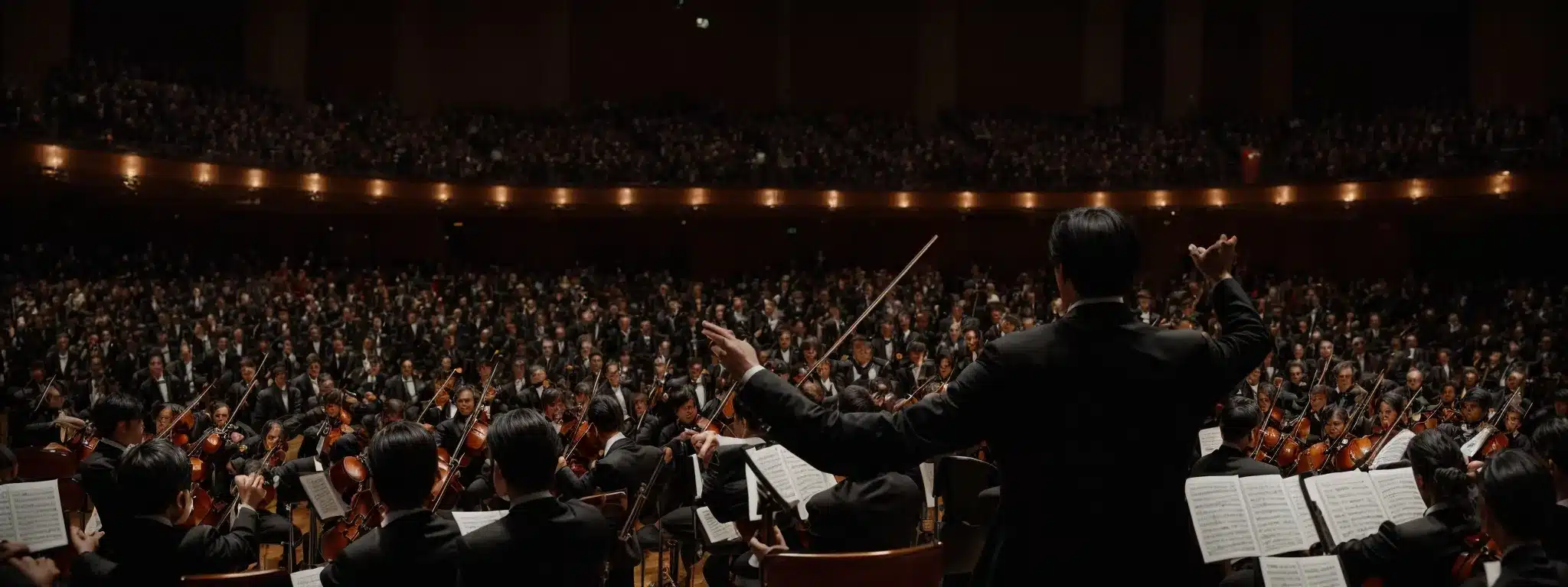 A Conductor Leads An Orchestra On Stage, With Each Musician Deeply Focused On Their Performance.