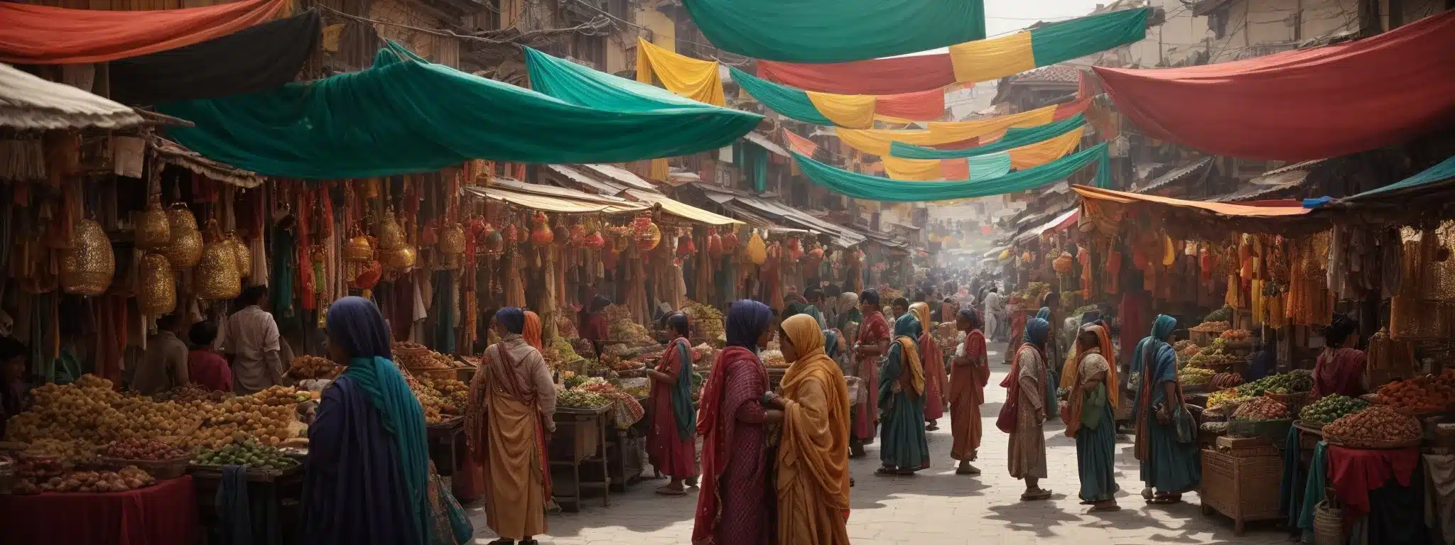 A Bustling Bazaar With Traders And Shoppers Engaged In Lively Exchange Under Colorful Canopies.