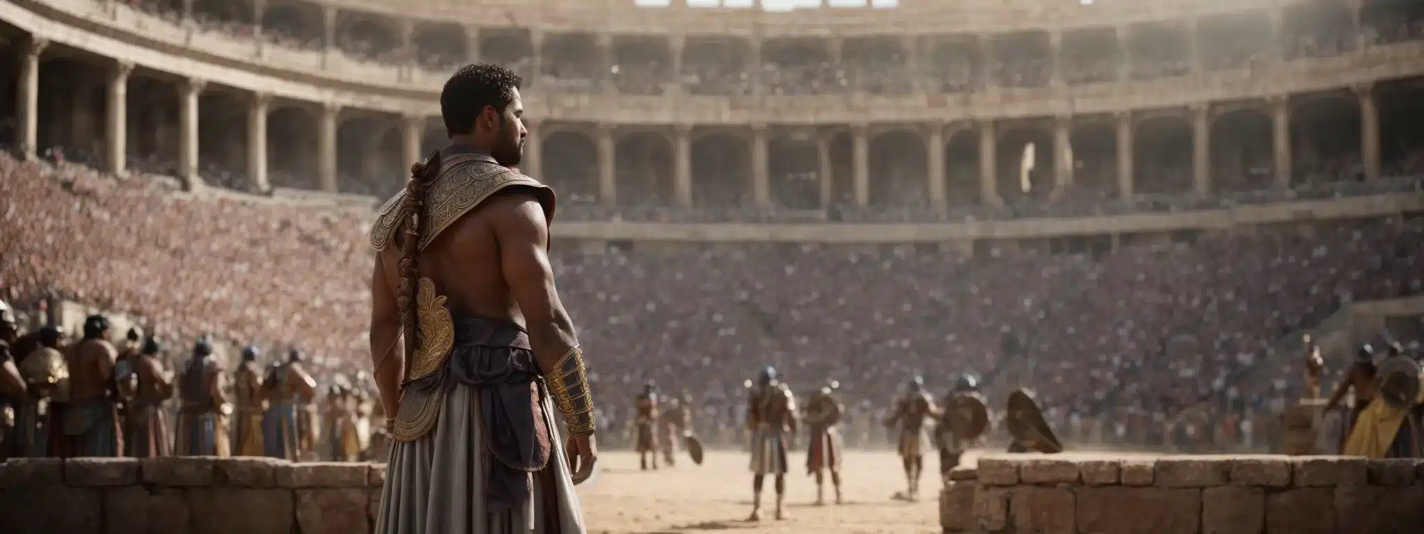 A Gladiator Stands Triumphant, Embodying Harmony In A Coliseum, As Captivated Spectators Symbolize Active User Engagement.