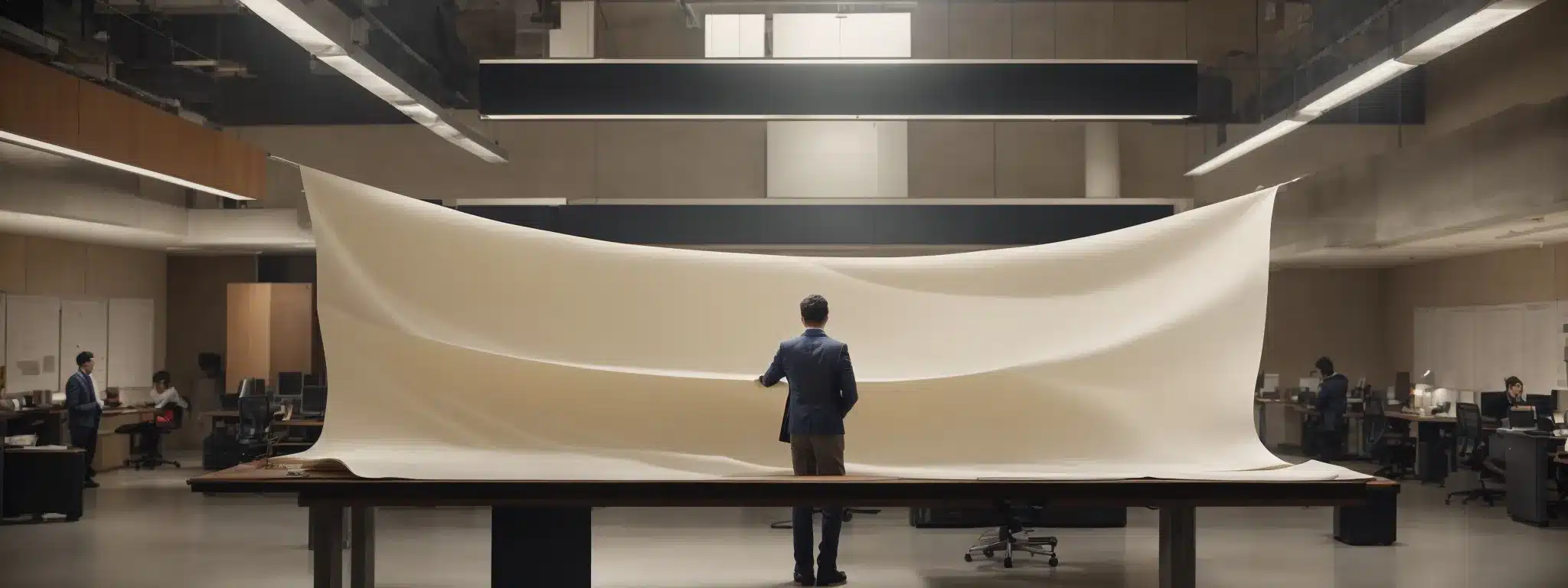 A Strategist Stands At A Table, Unfurling A Large Parchment That Symbolizes A Marketing Blueprint Amidst An Office Environment Suggestive Of A Lively Creative Hub.